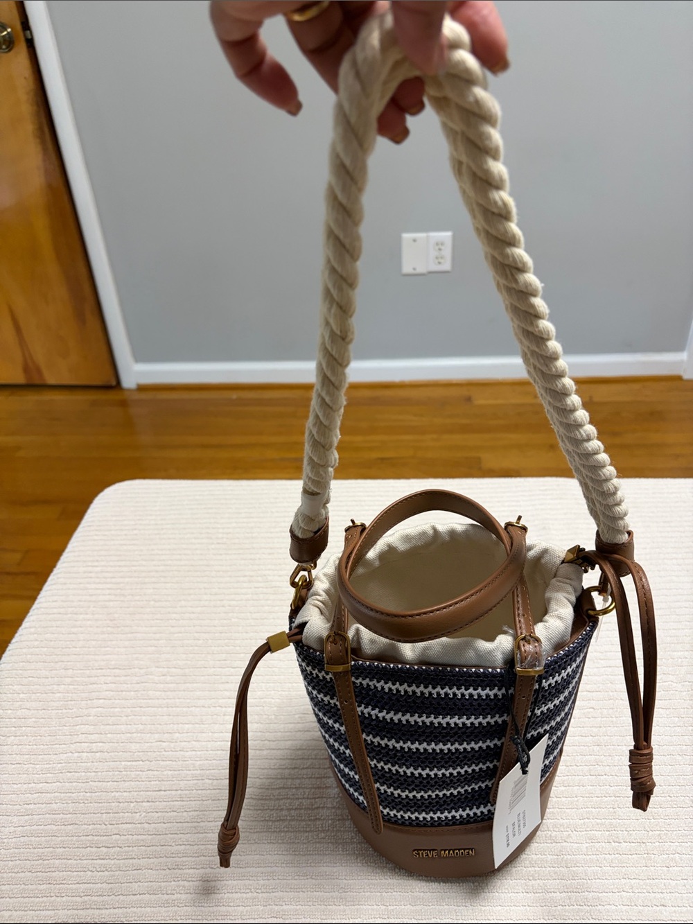 Steve Madden BFALOR Blue Striped Woven Straw Bucket Bag NWT